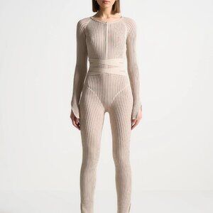 Knitted Two Tone Jumpsuit with Belt - Beige/Taupe
